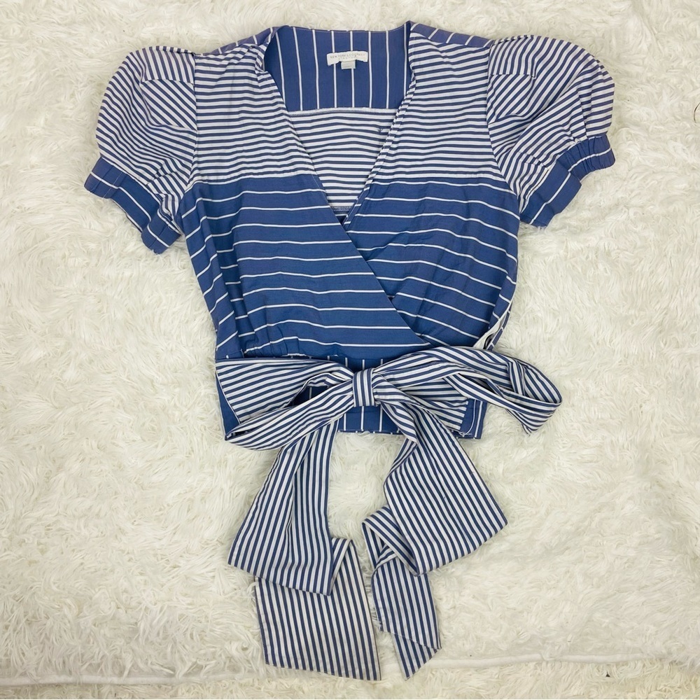 NEW YORK & COMPANY navy & white striped tie waist wrap puff sleeve blouse SZ S - Picture 13 of 14